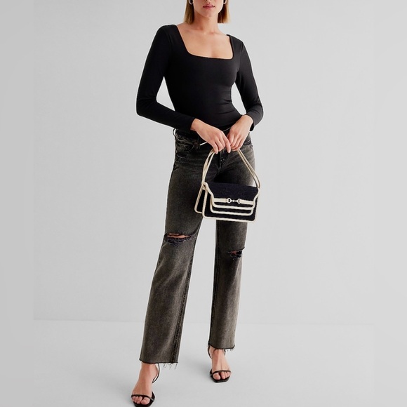 NWT EXPRESS Body Contour High Compression Square Neck Long Sleeve Top, Blk, Med - Picture 4 of 11